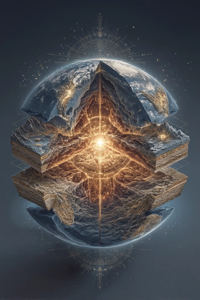 Artistic Earth Cutaway with Starry Core and Sky