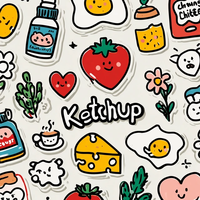 Happy Food Sticker Sheet Illustrations Ketchup Cheese Egg