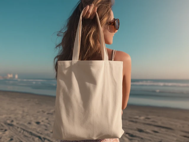 Tote Bag Mockup on Beach Woman with Ocean Background