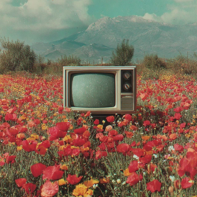 Vintage TV in Poppy Field Mid Century Modern Art