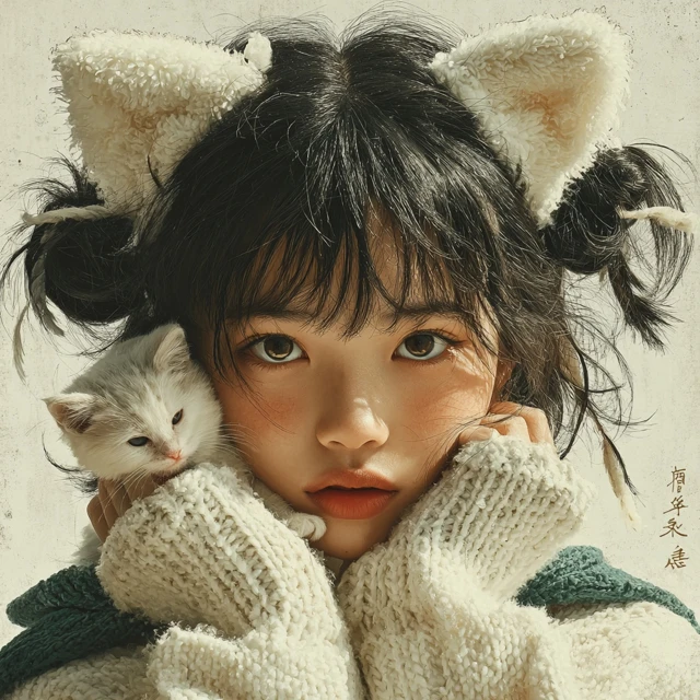 Cute Girl with Cat Ears Portrait Illustration