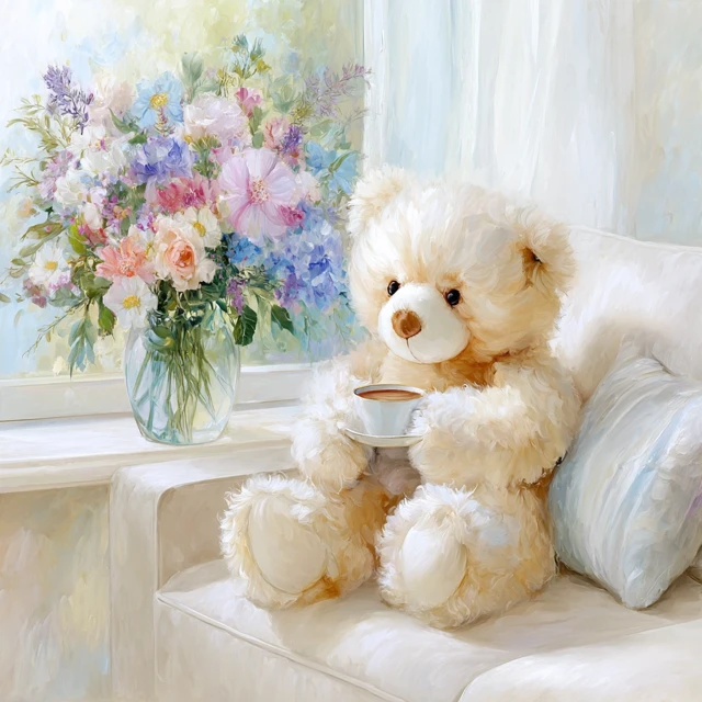 Teddy Bear with Coffee and Flowers Painting