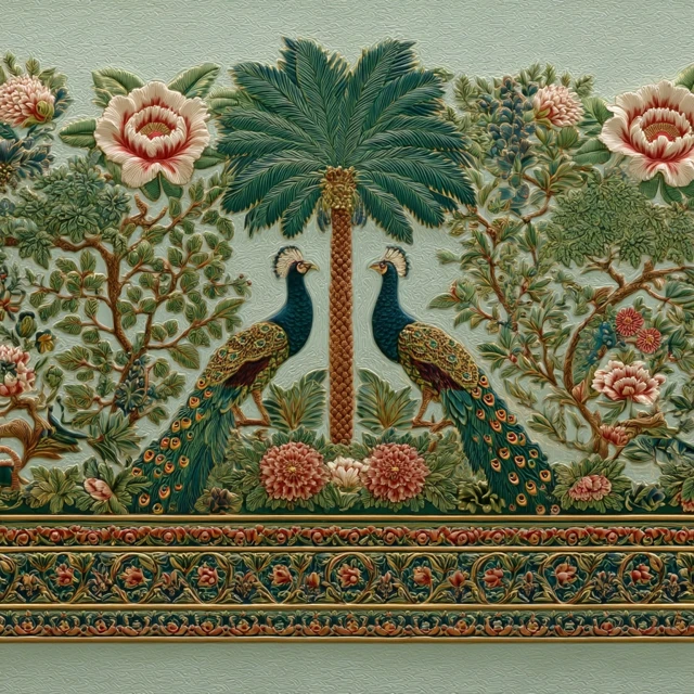 Mughal Art Wallpaper Peacocks Palm Trees Floral Patterns
