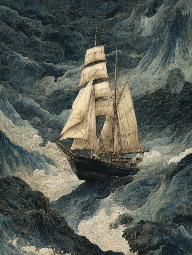 Sailing Ship in Stormy Seas Illustration