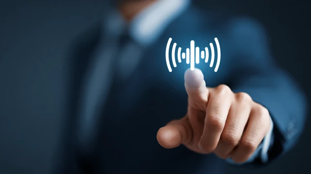Businessmans Hand Pointing at Voice Recording Icon