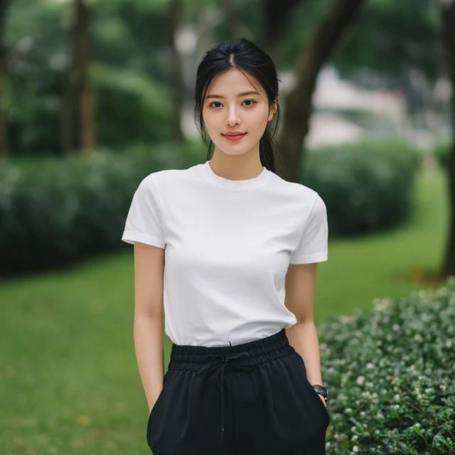 Elegant Chinese Lady in White TShirt Fashion Photo