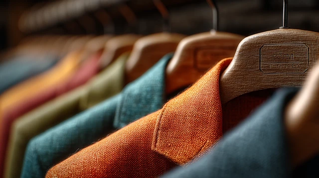 Colorful Linen Suits on Wooden Hangers Fashion