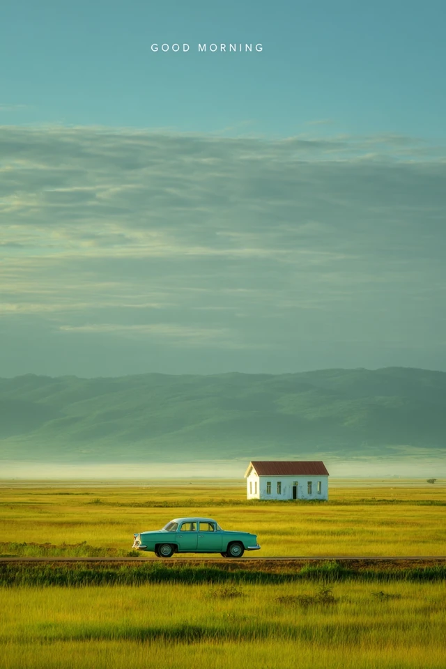 Old Car on Grassland Serene Landscape