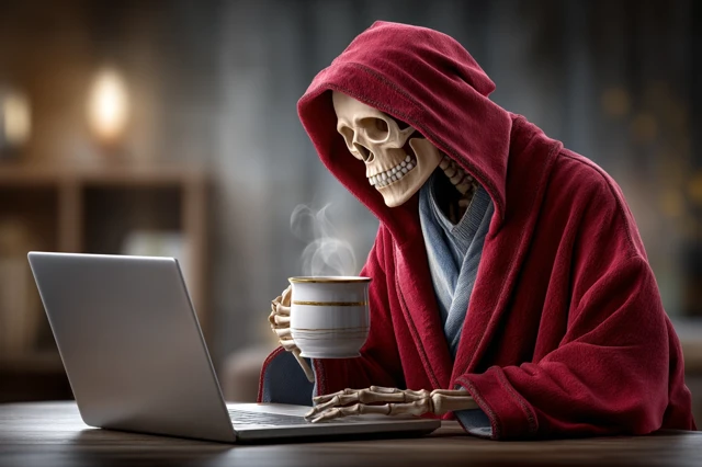 Skeleton in Robe Laptop Burnout 8K Photorealistic