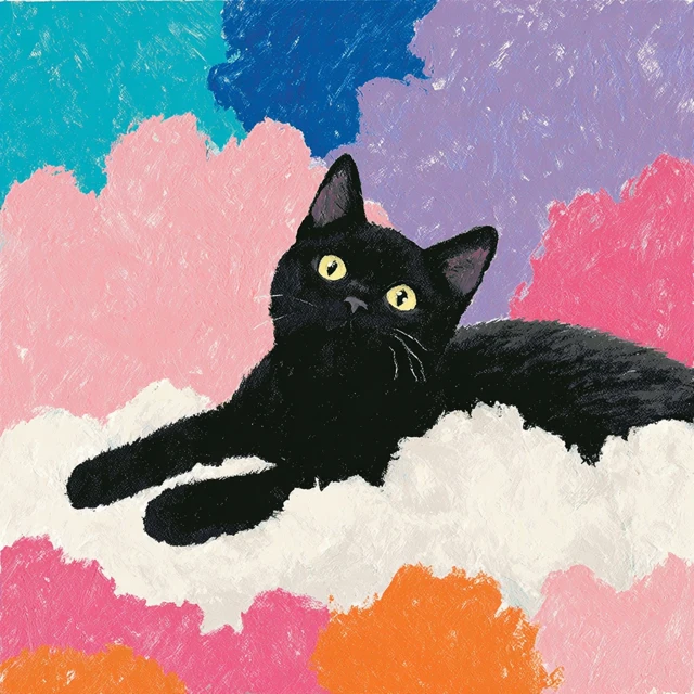 Black Kitten on a Cloud Acrylic Surreal Painting