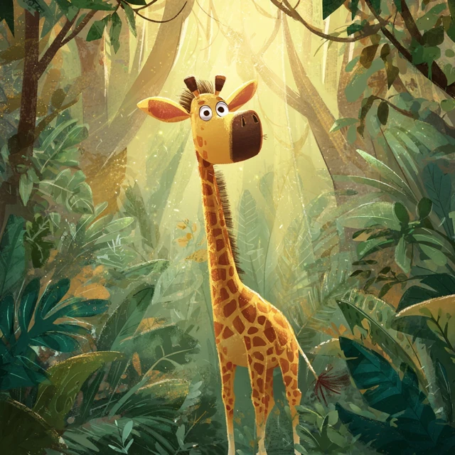 Cartoon Giraffe in Jungle Childrens Storybook Style
