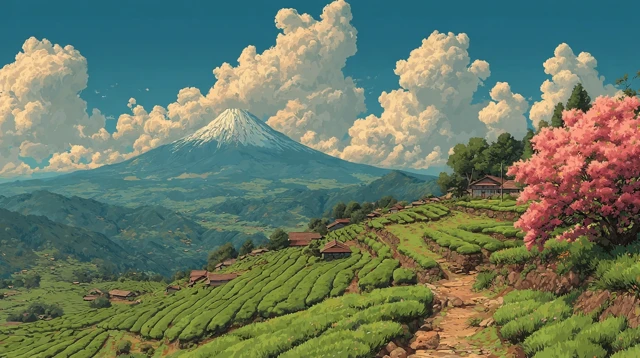 Tea Plantation Landscape Anime Art