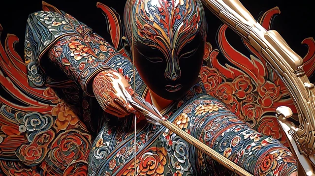 Japanese Archer Illustration: Phoenix Robe and Golden Bow