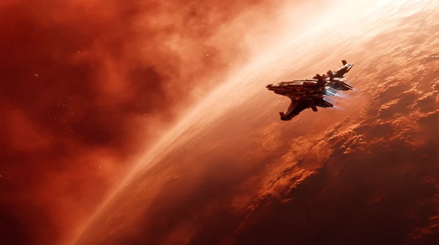 Spaceship Orbiting Red Planet Cinematic View