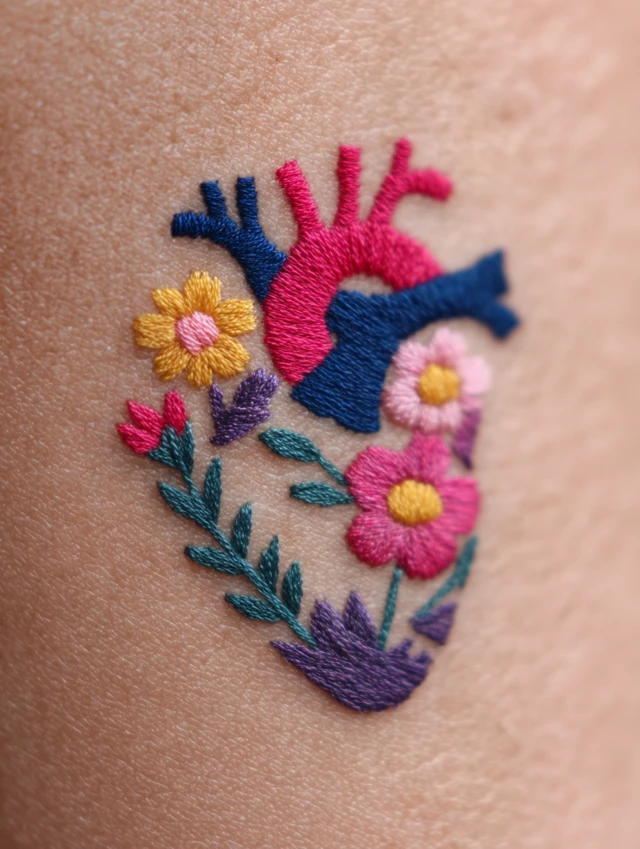 Embroidered Anatomical Heart Floral Design