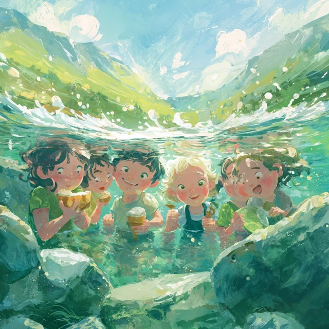 Children Underwater Eating Watermelon and Ice Cream