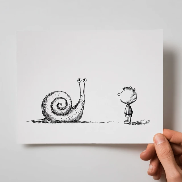 Snail and Child Minimalist Ink Drawing