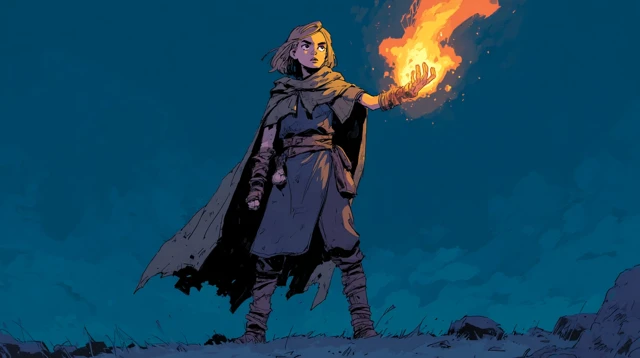 Young Witch Conjuring Fire in Dramatic Illustration