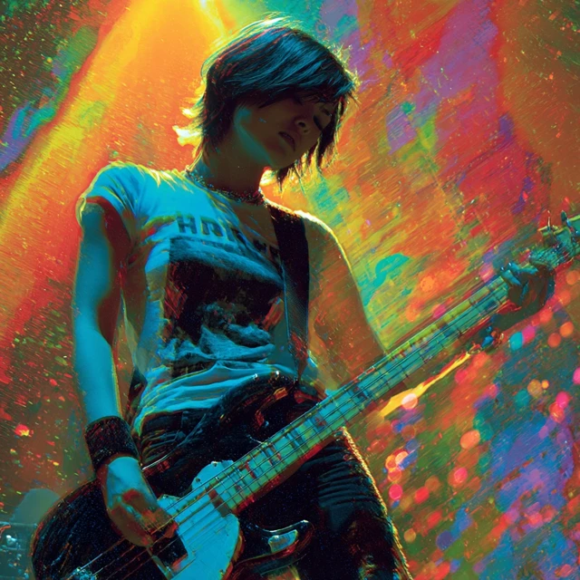 Female Bass Player Onstage with Psychedelic Lighting