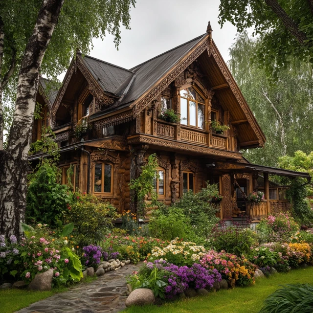 Wooden House with Carved Details and a Flowerbed