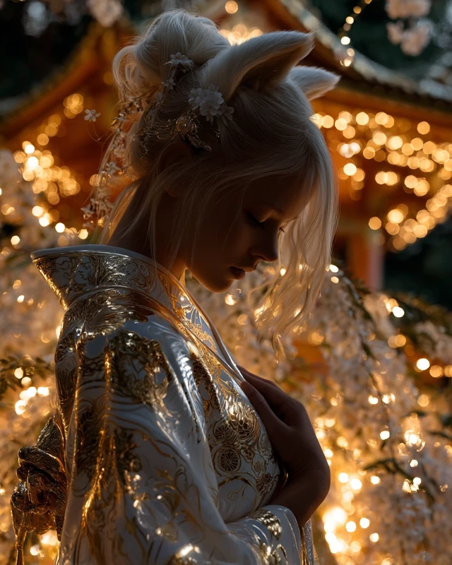Magical Kitsune Woman in Japanese Garden