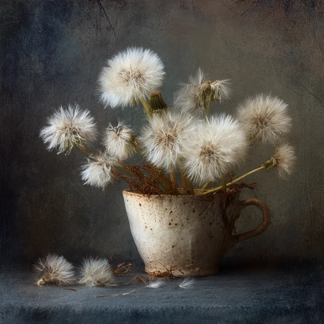 Fluffy Dandelions in Distressed Cup