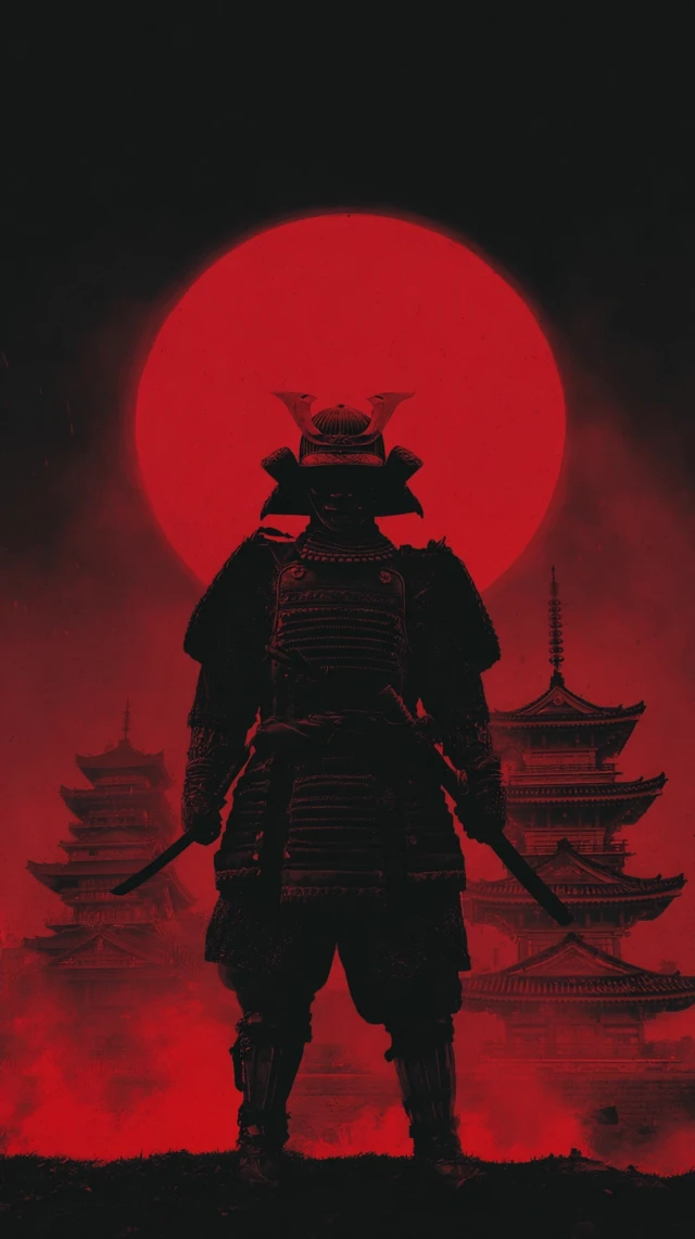 Futuristic Samurai at Burning Temple Red Moon Night