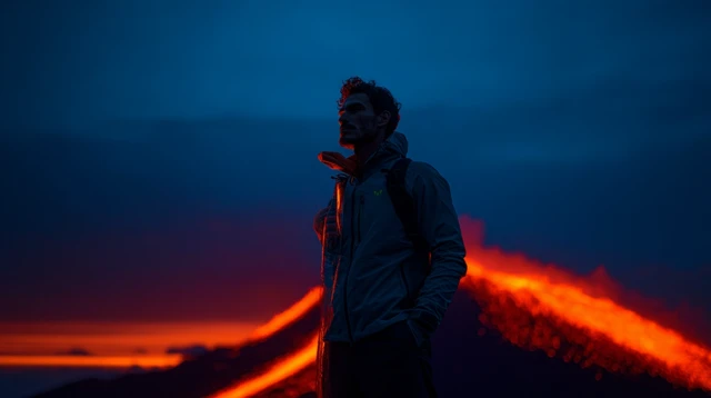 Volcano Sunrise Awe Inspiring Man Facing Eruption