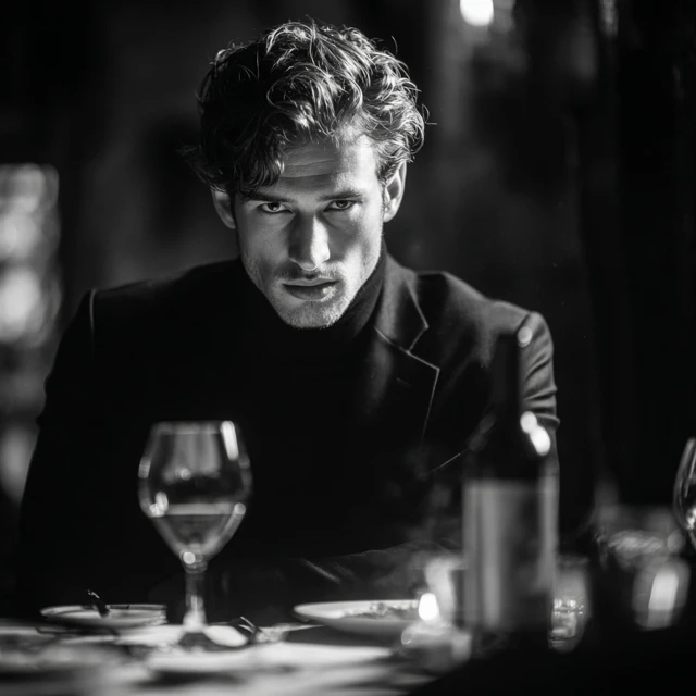 Attractive Man in Black Dining at a High End Restaurant