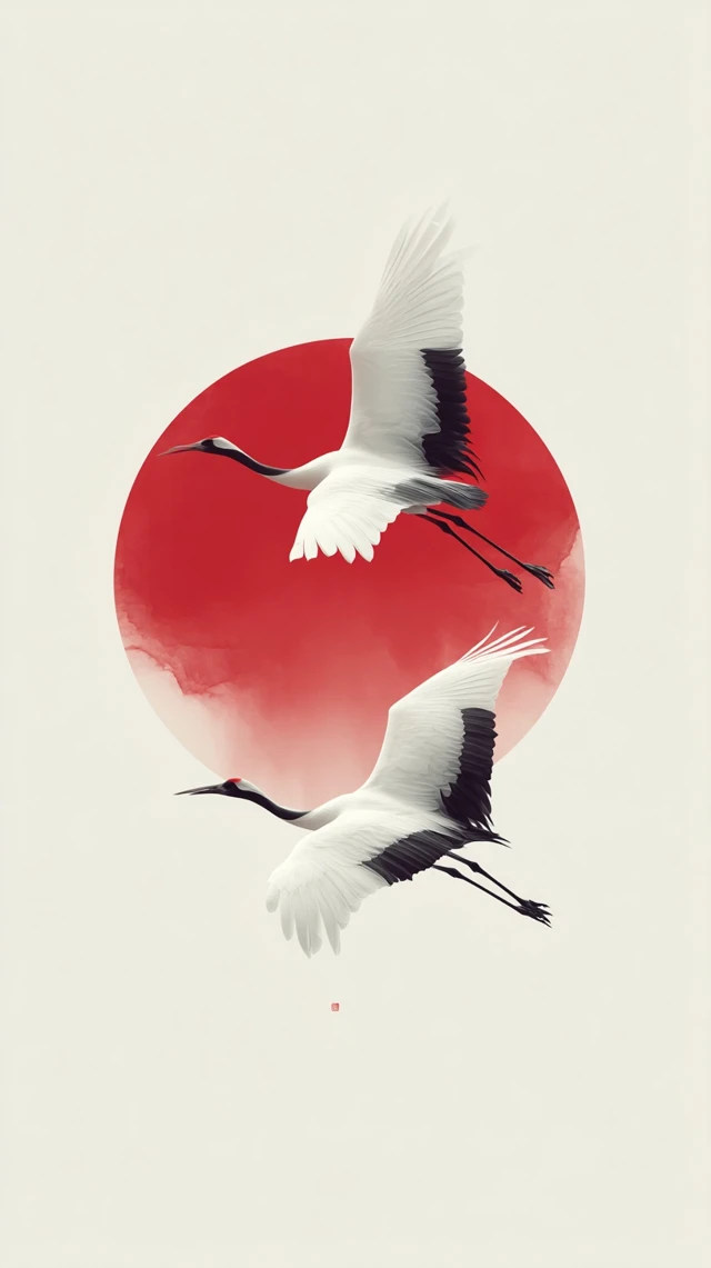 Japanese Crane Painting: Red Sun and White Cranes