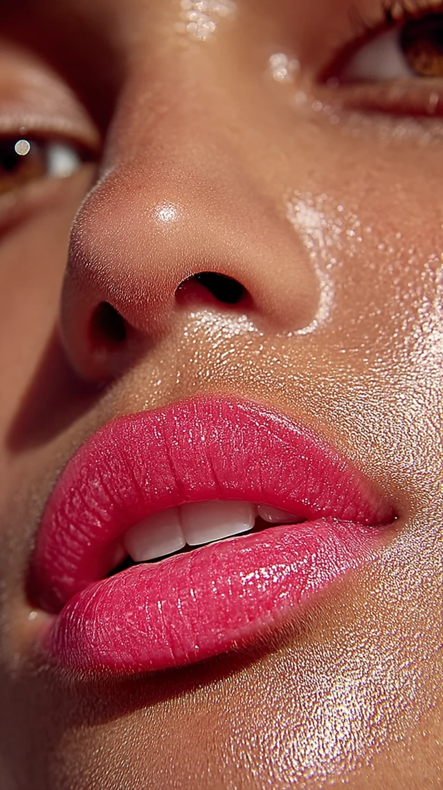 Glossy Pink Lipstick Close Up  Model Face