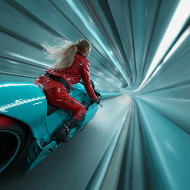 Blonde Girl on Futuristic Motorcycle in a Tunnel
