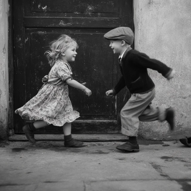 Children Playing Black and White Photo