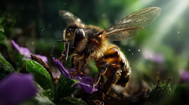 Bee Resting on Violet Flower Ultra Realistic Macro Shot