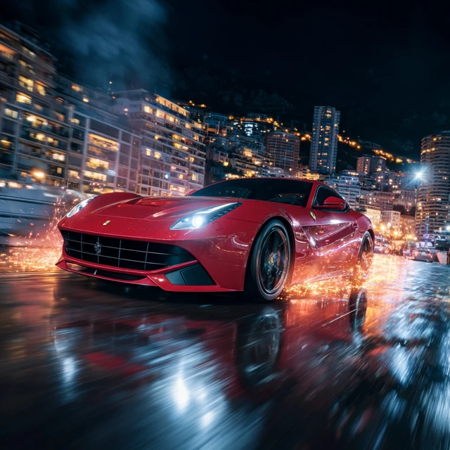 Ferrari Speeding Through Monte Carlo at Night