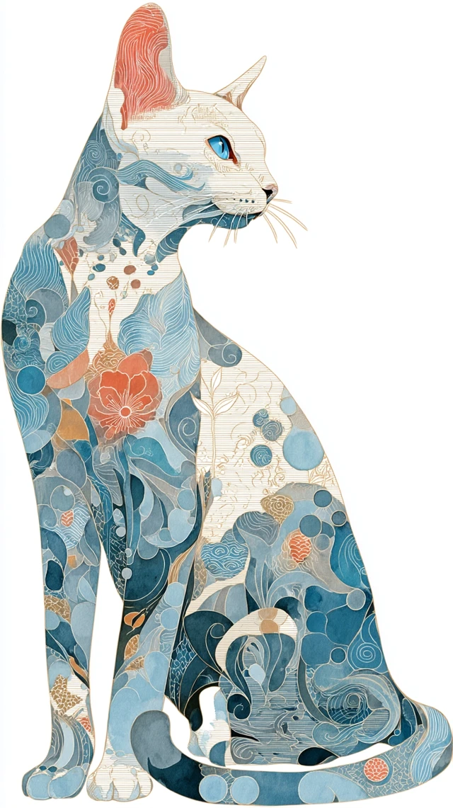 Watercolor Cat Illustration with Japanese Patterns