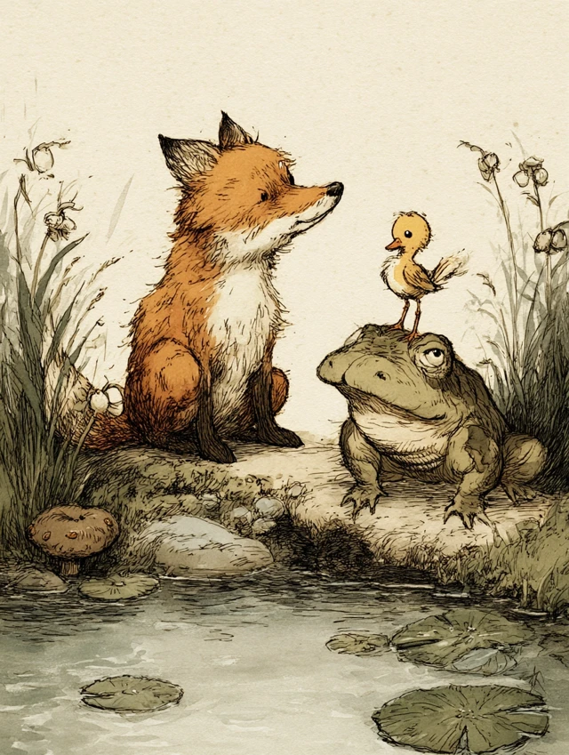 Fox Duck and Toad Illustration Arnold Lobel Style