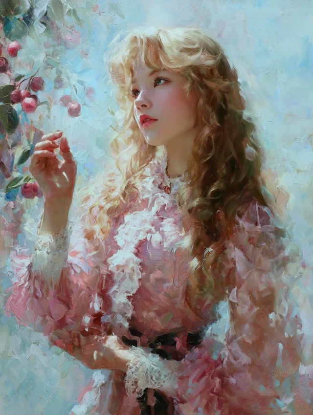 French Girl in Pink Dress Oil Painting