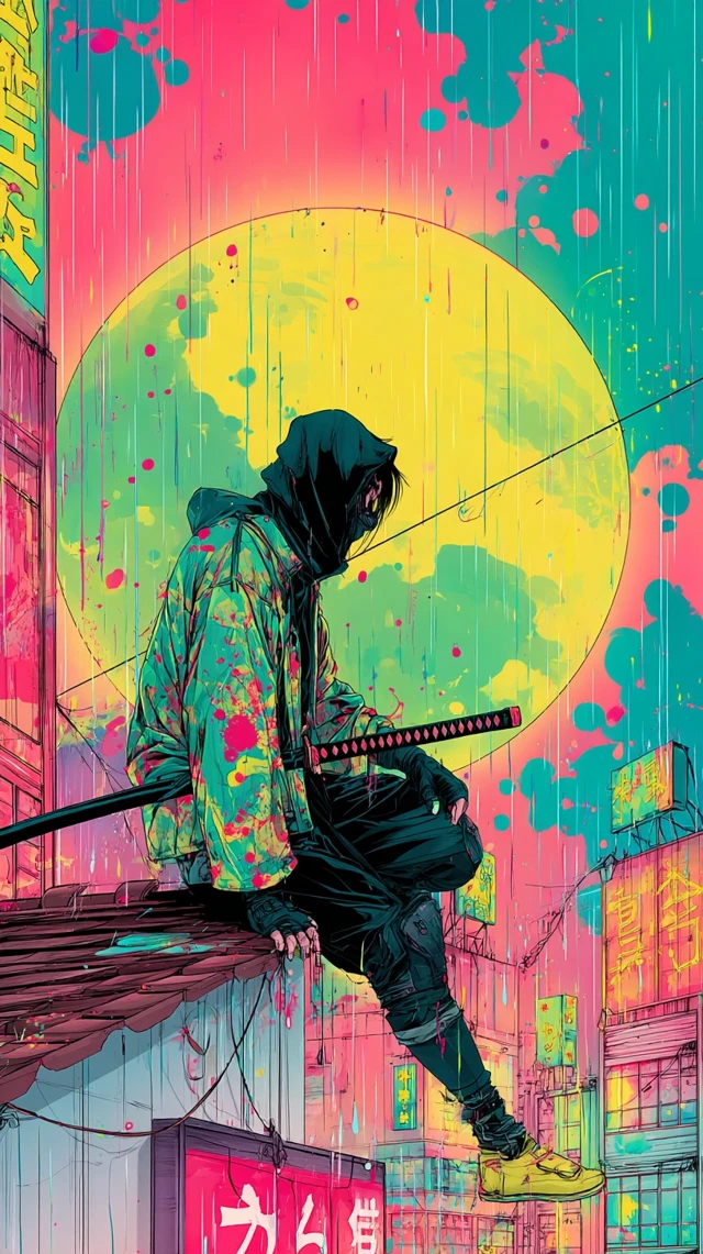 Cyberpunk Samurai on Rooftop at Night