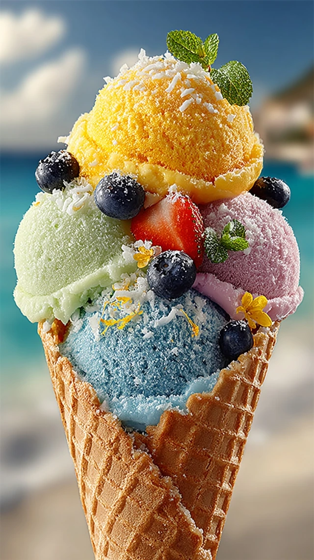 Colorful Ice Cream Cone on the Beach Summer Dessert