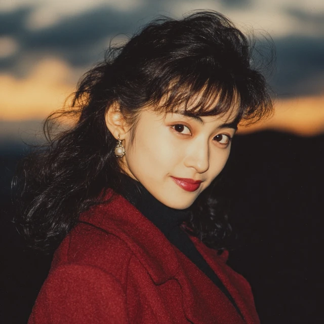 Japanese Woman in the 1990s Retro Sunset Photo