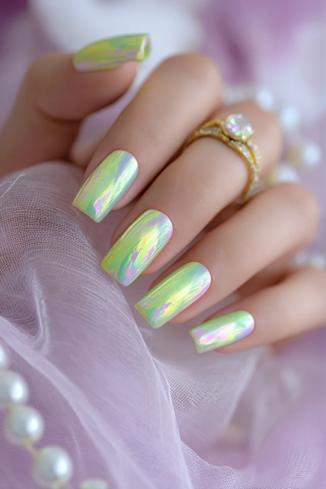 Luxury Light Green and Yellow Holographic Nail Art
