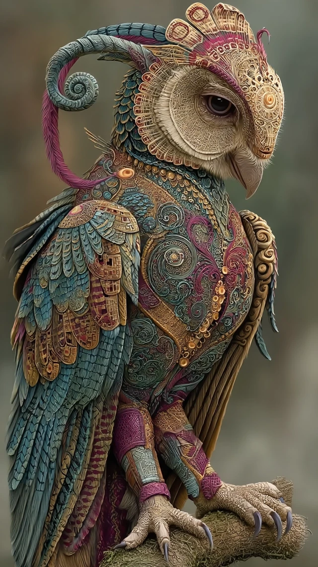 Mystical Owl Bird with Five Colored Feathers