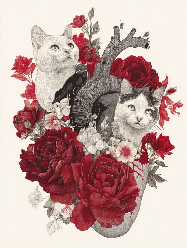 Cats in a Floral Heart Anatomy Art