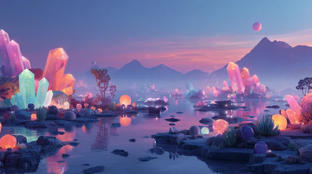 Glowing Crystal Landscape Surreal Art
