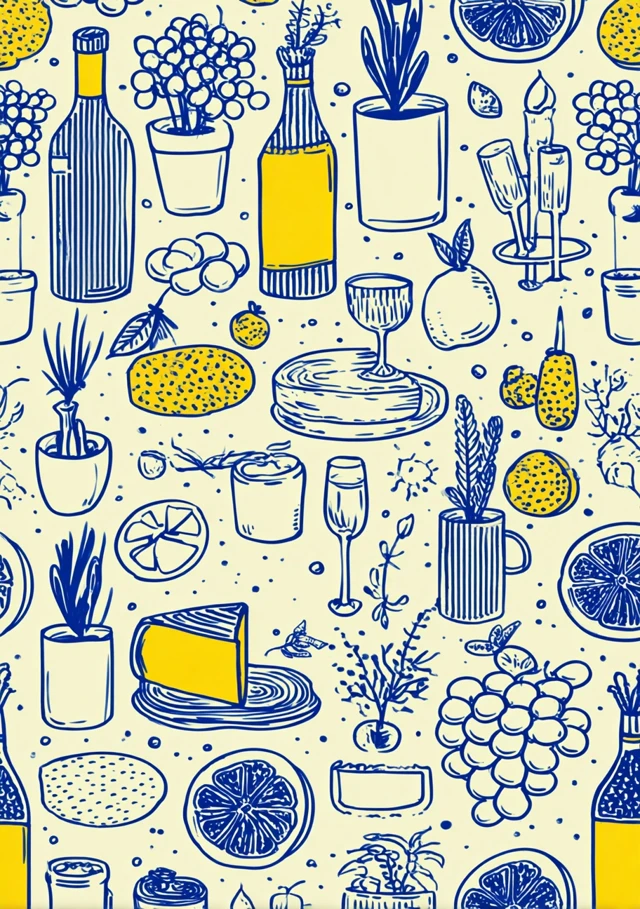 Vintage Food Pattern Blue Yellow Illustration