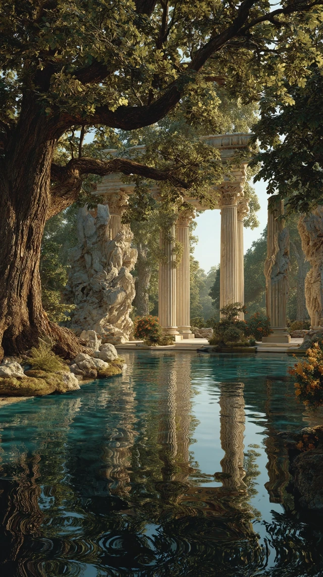 Ancient Greek Temple in Nature Golden Sunlight