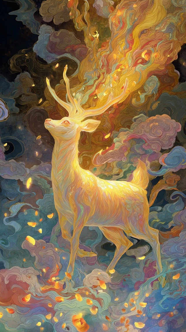 Sacred Deer in Golden Flames Ethereal Art