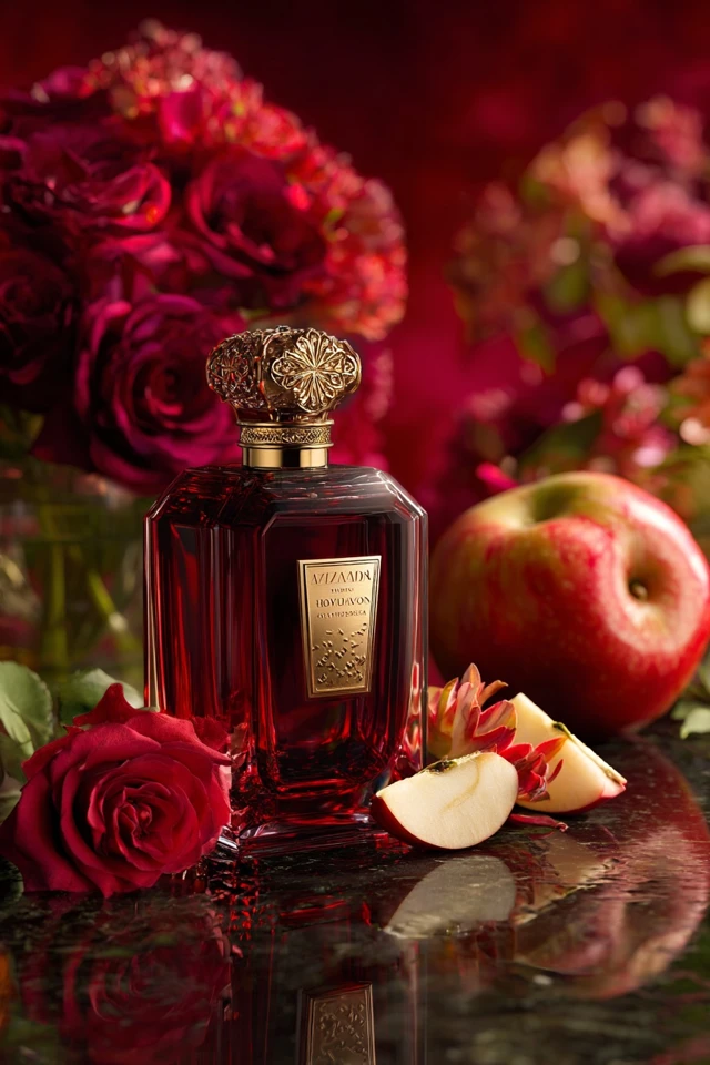 Luxury Perfume Ad Ruby Gold Floral Composition