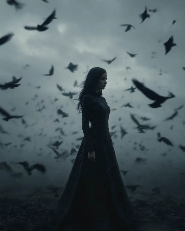 Woman in Black Dress and Birds Fantasy Art
